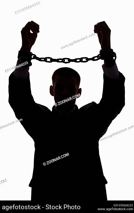 isolated on white silhouette of man with chains