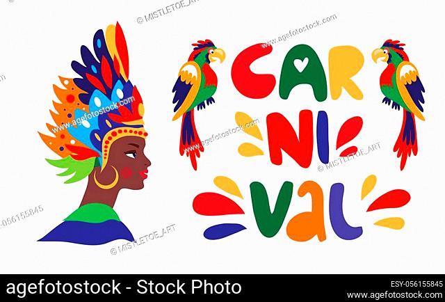 Brazil Carnival Latin Woman Wear Costume Traditional. Caroon lettering Vector illustration. For poster, card, web, invitation
