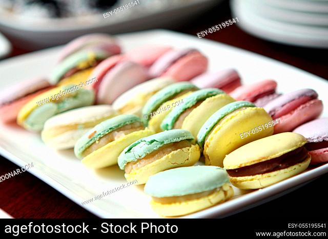 Close up of macarons dessert on the plate