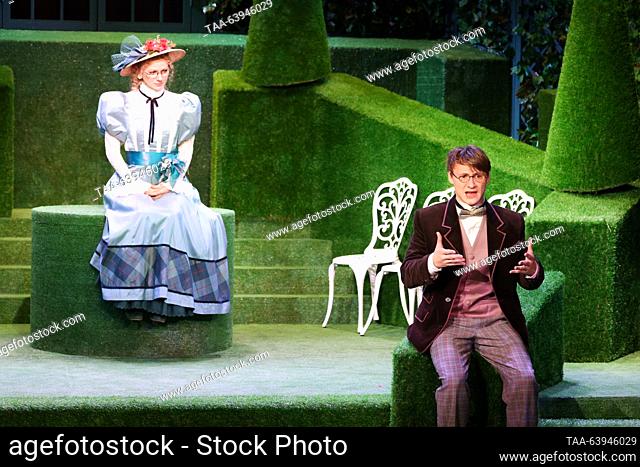 RUSSIA, MOSCOW - OCTOBER 26, 2023: Actors Yekaterina Lisitsyna (L) as Kitty Verdun and Alexander Seppius as Jack Chesney perform during the premiere of Dmitry...