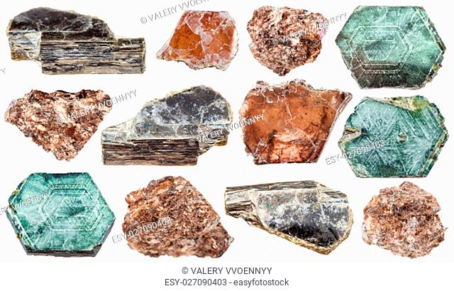 set of various mica (phlogopite) minerals isolated on white background