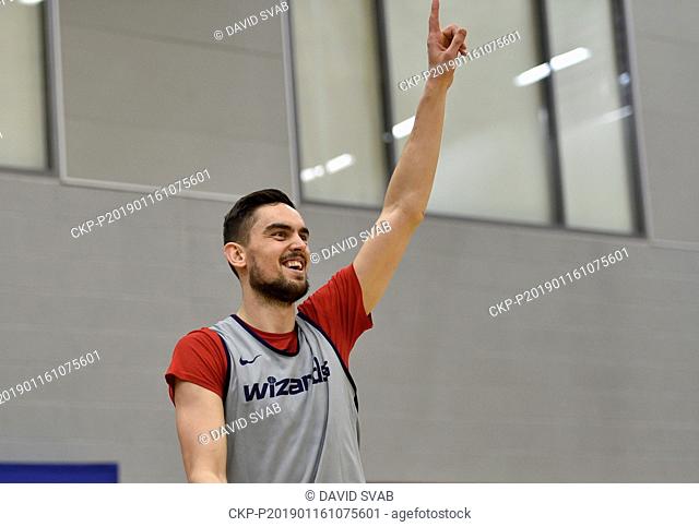 Czech basketball player Tomas Satoransky speaks with journalists during the press conference in hotel InterContinental in London, England, January 16, 2019