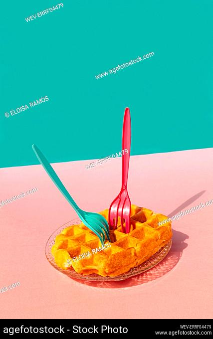 Studio shot of waffle kept in plate on table
