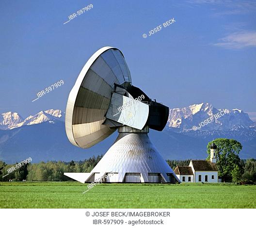 Antenna of the Satellite Earth Station Raisting, St Johann Chapel, Alps panorama, Upper Bavaria, Bavaria, Germany