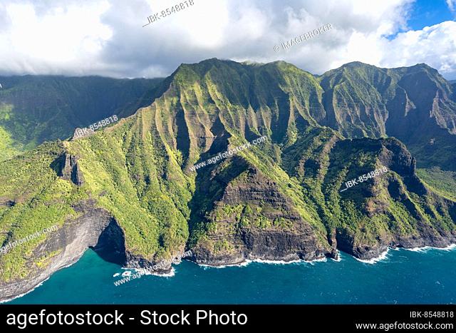 Aerial view Waiahuakua Sea Cave, Napali Coast, Kauai, Hawaii, USA, North America