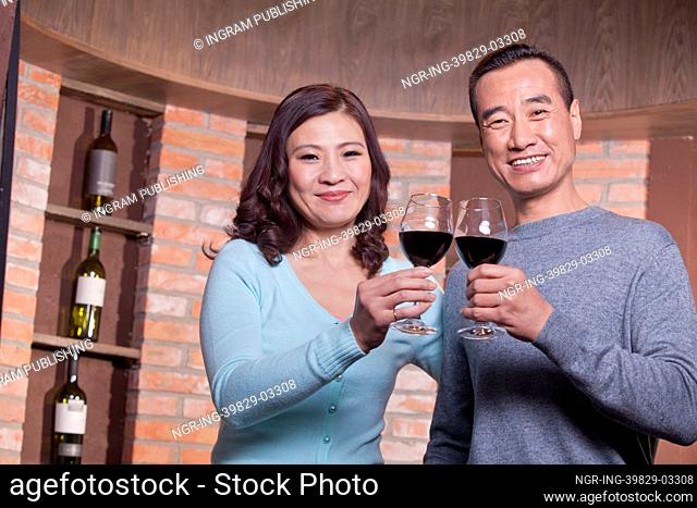 Mature Couple at a Winetasting, Toasting