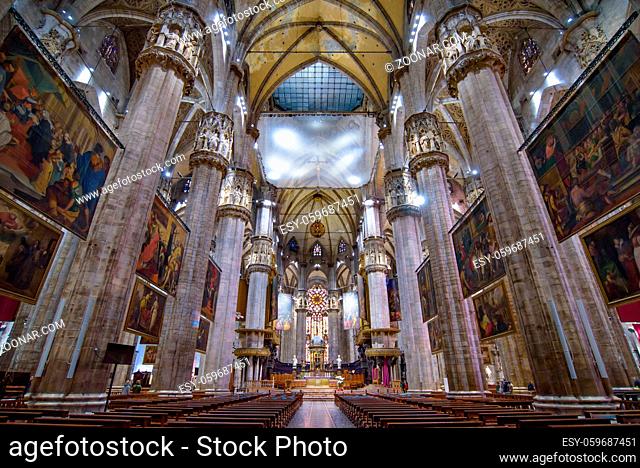 Interior of Milan Cathedral (Duomo di Milano), the cathedral church of Milan, Italy. It's the fourth largest church in the world