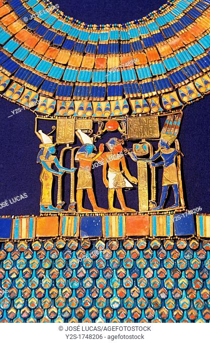 Pectoral, The god Amun-Re receives the pharaoh, Tutankhamun treasure, Museum of Egyptian Antiquities, Cairo, Egypt