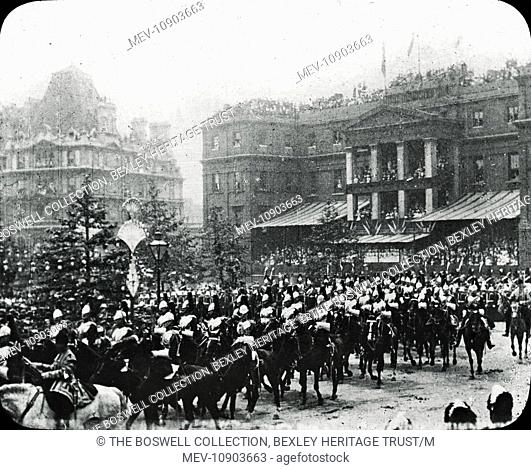 Queen Victoria's Diamond Jubilee - Black and white Victorian lantern slide of a mounted procession passing Apsley House. Slide number 6 of Box 259