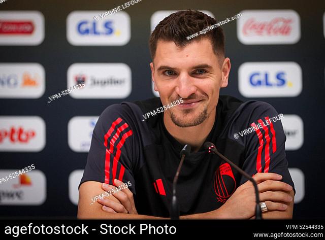 Belgium's Thomas Meunier pictured during a press conference of the Belgian national soccer team the Red Devils, at the Hilton Salwa Beach Resort in Abu Samra