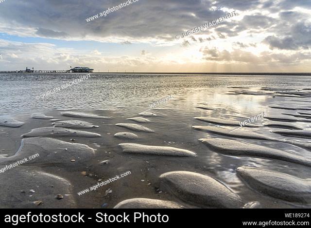 Beach with stilt houses, Sankt Peter-Ording, North Sea, Schleswig-Holstein, Germany, Europe