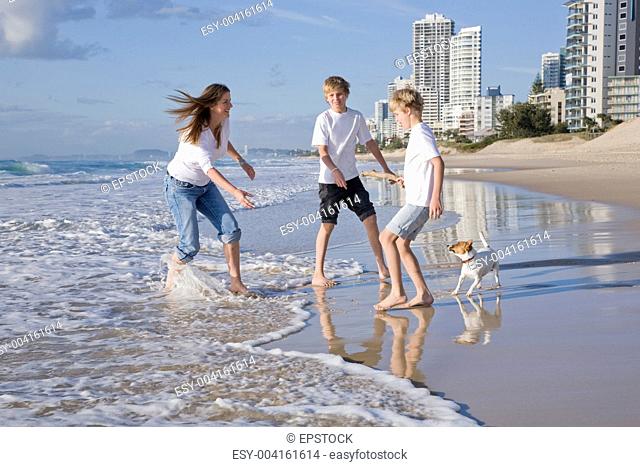 Family playing with dog on the beach