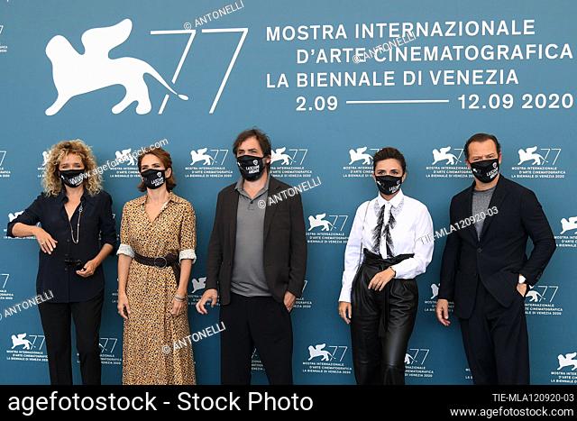Director Stefano Mordini, Valeria Golino, Maya Sansa, Serena Rossi, Stefano Accorsi wear a mask due to the Covid-19 virus during Lasciami Andare photocall