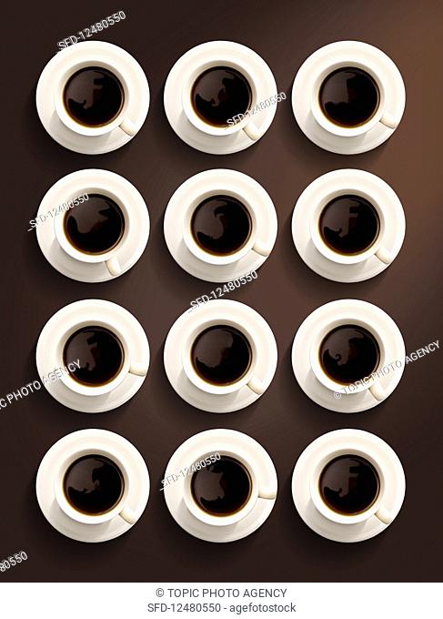Twelve coffee cups in rows
