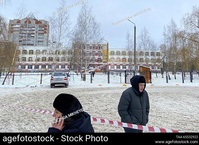 RUSSIA, BRYANSK - DECEMBER 7, 2023: Police tape seals off gymnasium No 5 where an eighth-grade girl has smuggled a firearm and fired several times