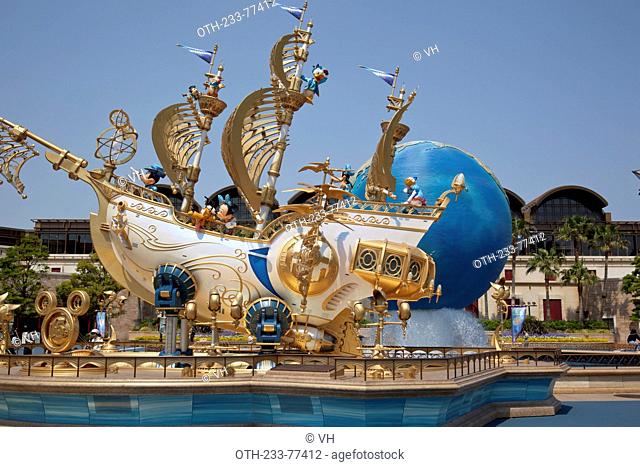 Tokyo DisneySea Aquasphere and the 15th anniversary ship at entrance plaza, Tokyo Disney resort, Urayasu, Chiba prefecture, Tokyo, Japan