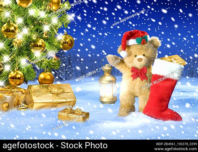 Christmas tree and teddy bear with lantern and stocking