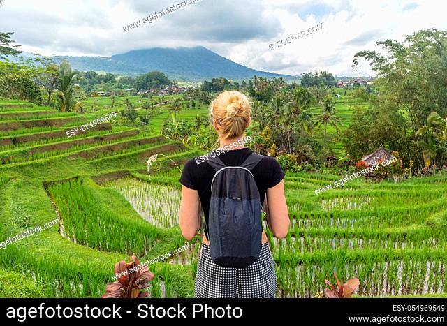Casual caucasian female tourist wearing small backpack looking at beautiful green rice fields and terraces of Jatiluwih on Bali island, Indonesia