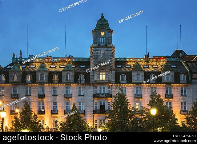 Oslo, Norway. Building Of Old Hotel In Night View. Centrum District In Summer Evening