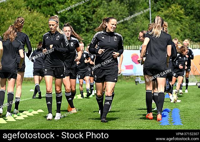 Belgium's Julie Biesmans and Belgium's Lenie Onzia pictured in action during a training session of the Belgium's national women's soccer team the Red Flames