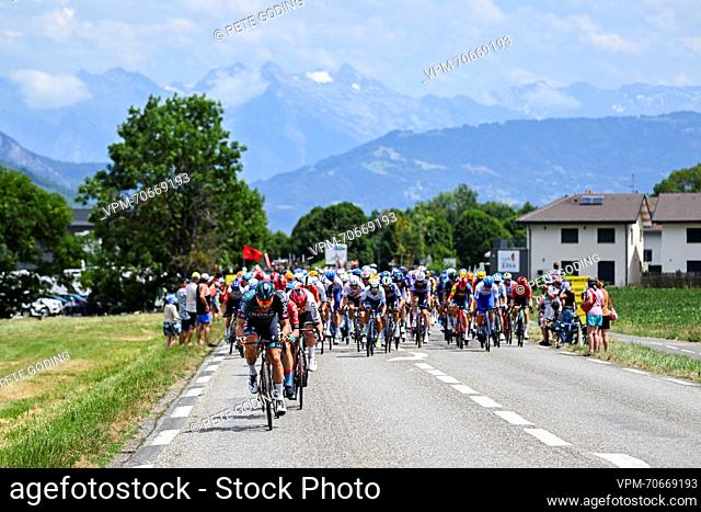 The pack of riders pictured in action during stage 15 of the Tour de France cycling race, from Les Gets Les Portes du Soleil to Saint-Gervais Mont-Blanc (179...