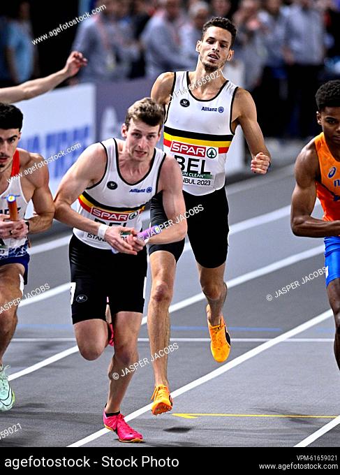 Belgian Alexander Doom receives the relay baton from Belgian Dylan Borlee during the men's 4x400m relay final at the 37th edition of the European Athletics...