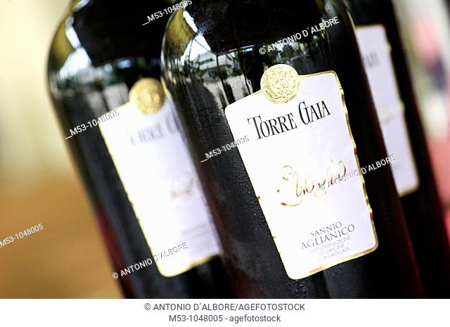Close up of bottles of red wine so called aglianico, from the italian winery torre gaia