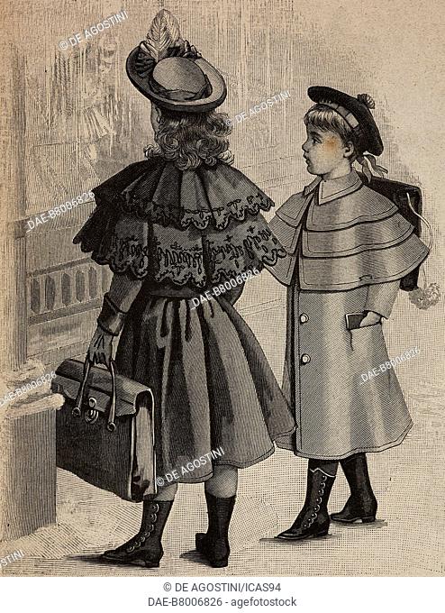 Coat with pelerine for 6 to 8-year-old girls and paletot for 5 to 7-year-old boys, creations by the Magasins du Louvre, engraving from La Mode Illustree, n 4