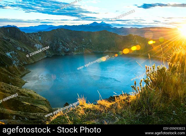 Ilinizas Volcanos under the Quilotoa lagoon at the sunrise, Andes. Ecuador
