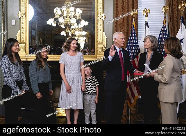 United States Vice President Kamala Harris administers the oath of office to Jared Bernstein, Chair, Council of Economic Advisors, with his wife Kay Arndorfer