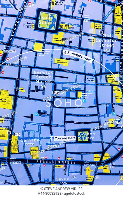 England, London, Soho Area Street Map