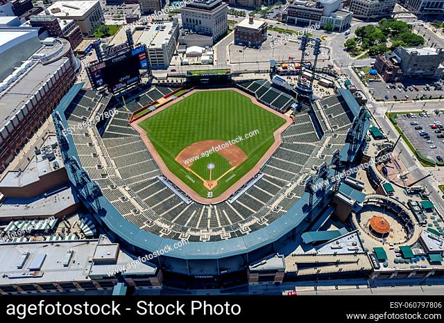June 11, 2021 - Detroit, Michigan, USA: Comerica Park is an open-air ballpark located in Downtown Detroit. It serves as the home of the Detroit Tigers of Major...