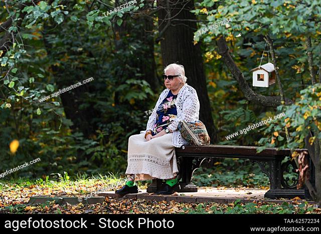 RUSSIA, MOSCOW - SEPTEMBER 24, 2023: A woman sits on a bench at the Tsaritsyno Museum Reserve. Sofya Sandurskaya/TASS