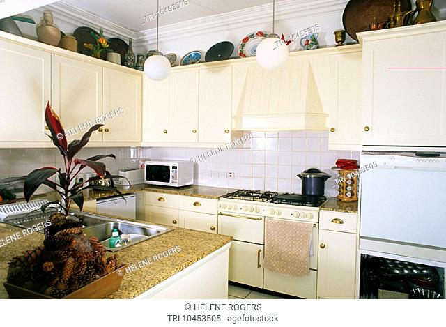 Modern Kitchen With Fridge Microwave Kettle Toaster Cooker Dishwasher