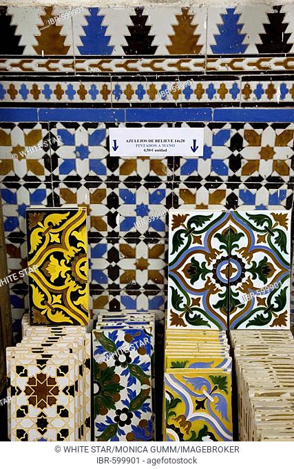 Ceramic tiles for sale in ceramics shop Ceramica Santa in the Triana district of Seville, Andalusia, Spain, Europe