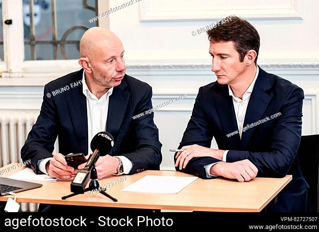 former Walloon parliament clerk Frederic Janssens and Lawyer Pierre Joassart pictured during a press conference of the head clerk of the Walloon parliament