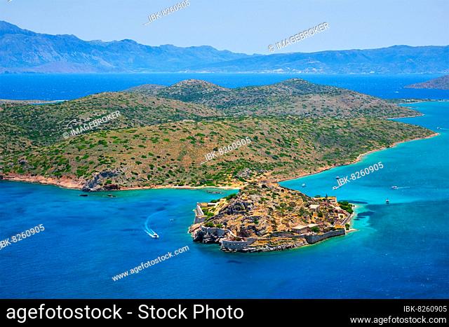 Island of Spinalonga with old fortress former leper colony and the bay of Elounda, Crete island, Greece, Europe