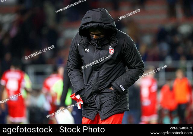 Mouscron's Harlem Gnohere looks dejected after losing a soccer match between Royal Excel Mouscron and KVC Westerlo, Friday 08 April 2022 in Mouscron
