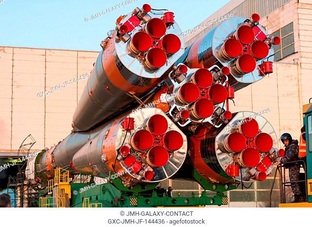 The Soyuz MS-04 spacecraft is rolled out to the launch pad by train on Sunday, April 16, 2017 at the Baikonur Cosmodrome in Kazakhstan