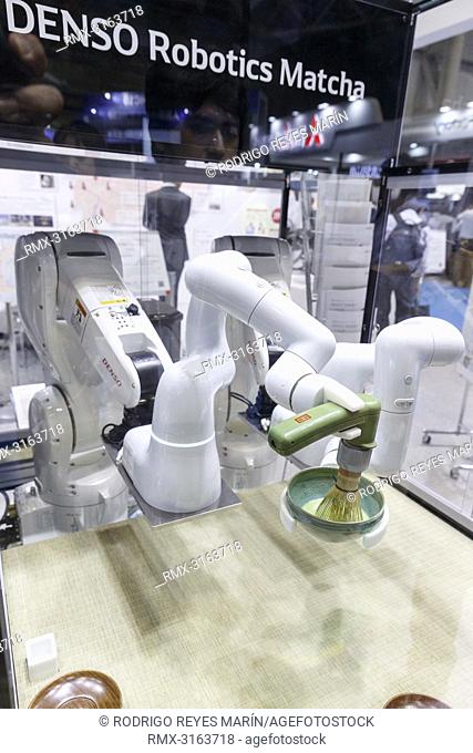 October 21, 2018, Tokyo, Japan - A robot arm developed by DENSO Corp. prepares green tea during the World Robot Summit 2018 at Tokyo Big Sight in Tokyo