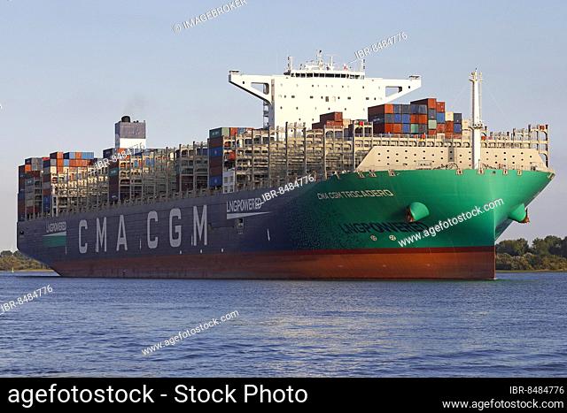 Container ship CMA CGM TROCADERO powered by liquefied natural gas LNG leaves the port of Hamburg on the river Elbe, Hamburg, Germany, Europe