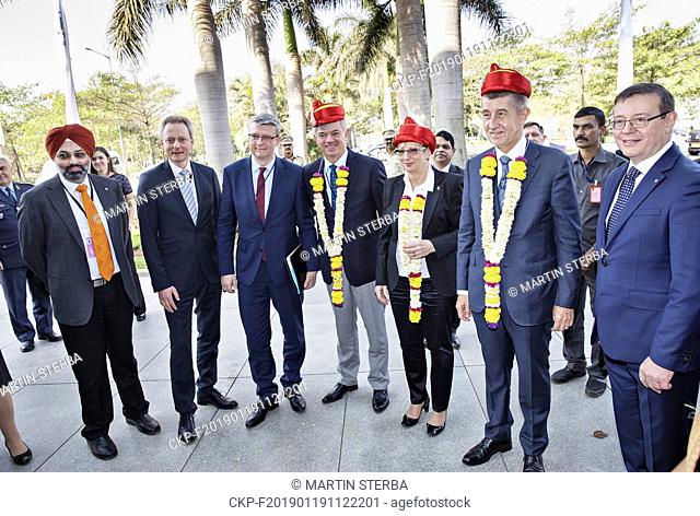 Traditional welcome ceremony of Czech Prime Minister Andrej Babis (second from right) and Czech Industry Minister Marta Novakova (third from right) in Pune