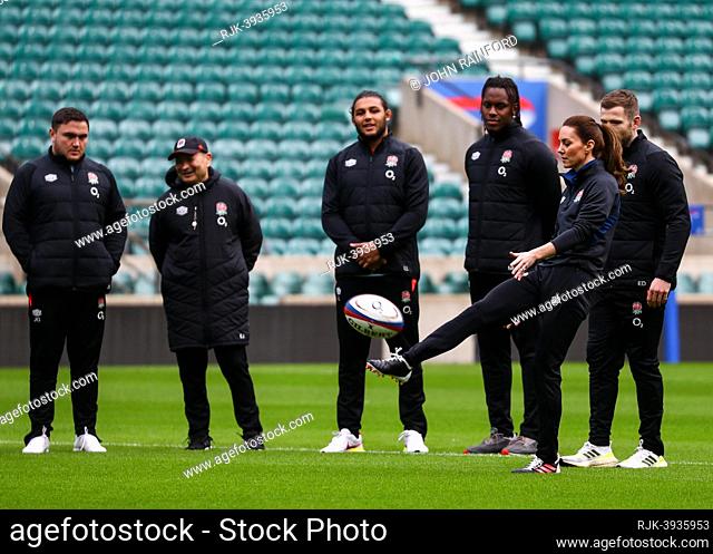 Catherine Duchess of Cambridge, the new Patron of England Rugby, visits Twickenham Stadium to meet Eddie Jones and players from both the ens and ladies teams