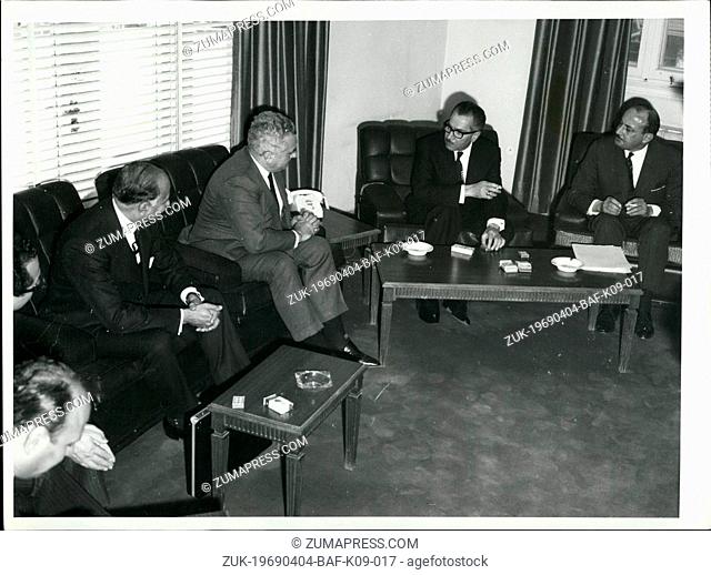 Apr. 04, 1969 - The Jordanian Prime Minister, Mr. Abdul Mon'Em Rifal, ( second from right ), meeting in his office in Amman with the visiting members of the UN...