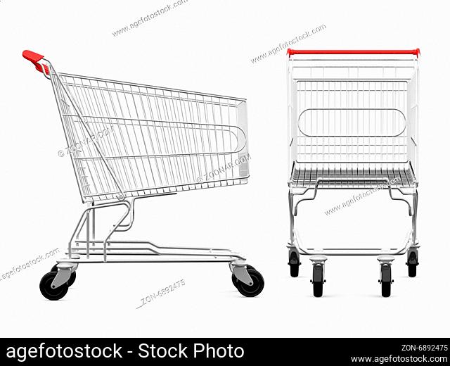 Empty shopping carts, side view and front view, isolated on white background