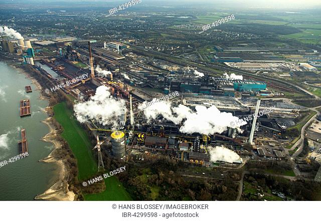 Steelworks HKM am Rhein, steelworks Krupp-Mannesmann, smoking chimneys, coking plant, industry, Duisburg, Ruhr district, North Rhine-Westphalia, Germany
