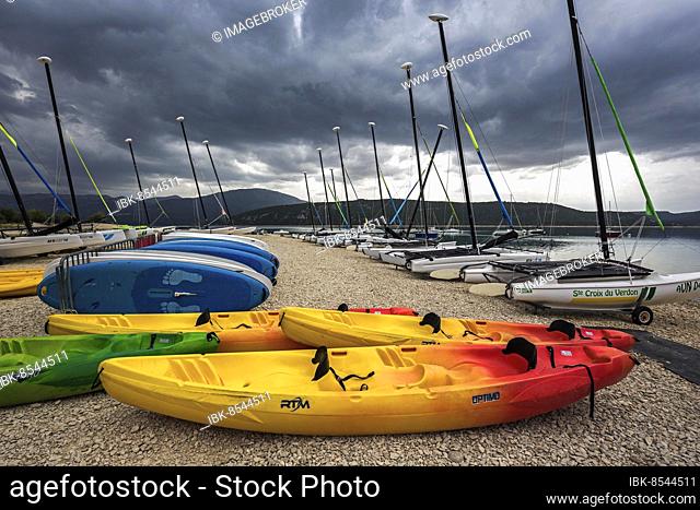 Boats on the beach in Sainte Croix du Verdon, Lac de Sainte-Croix, thunderstorm atmosphere, Provence-Alpes-Côte d'Azur, Provence, France, Europe