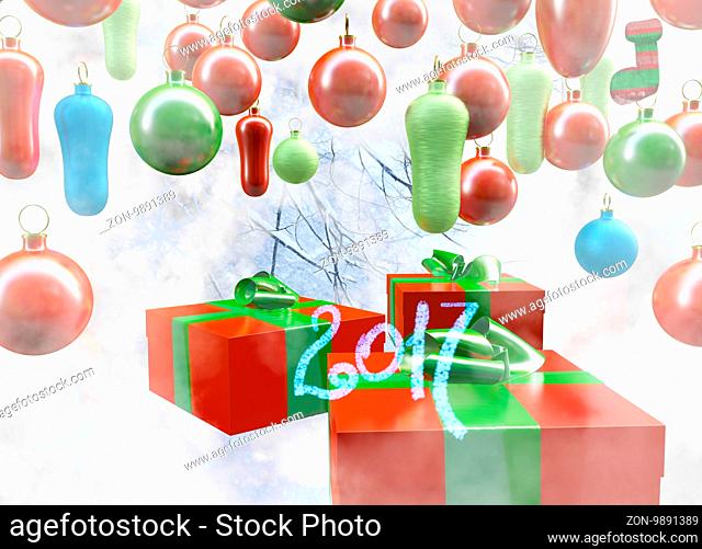 Christmas New Year colorful red and green gift boxes with bows of ribbons on background of colorful balls decorations . Greeting card with holiday tinsel