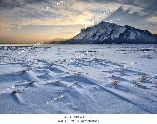 Mount Michener and Abraham Lake during winter sunrise