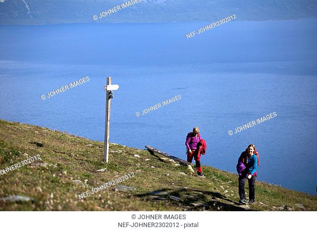 Two women trekking in mountains